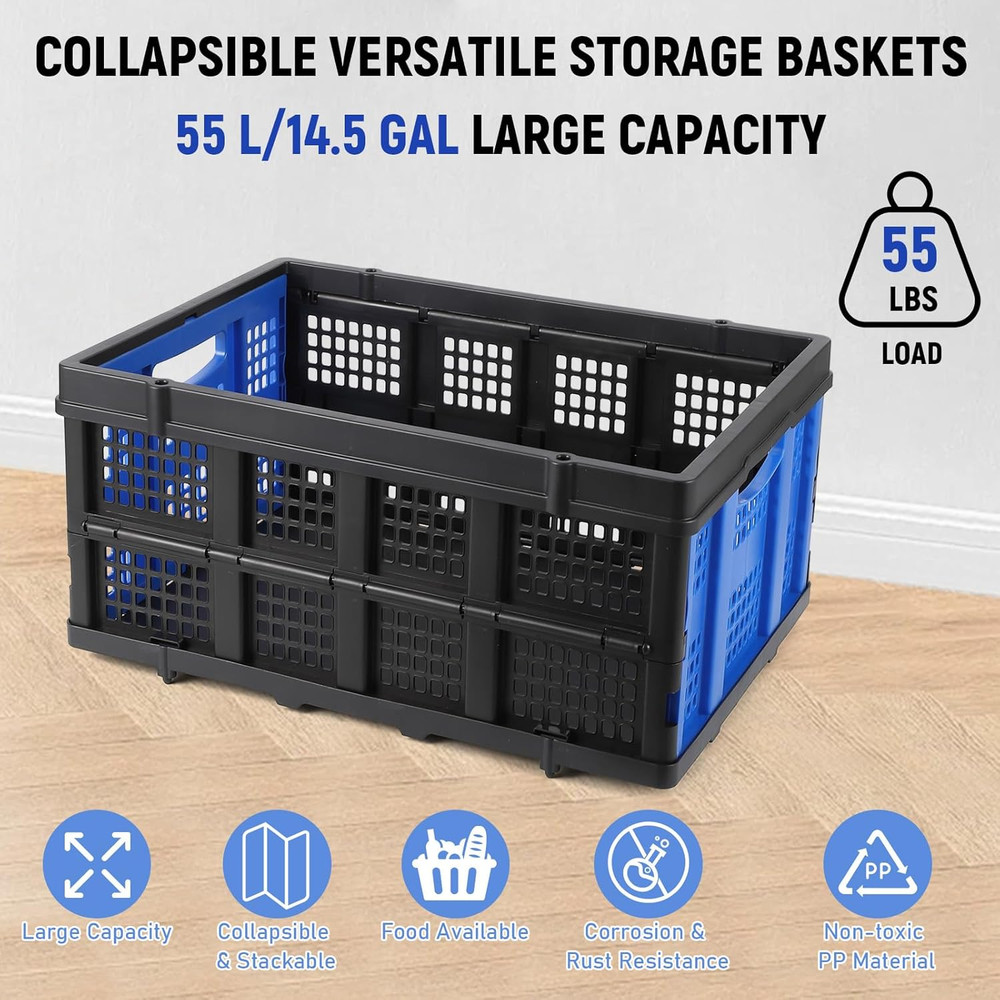 Collapsible Plastic Crate, Foldable Storage Basket, Stackable Utility Crate with