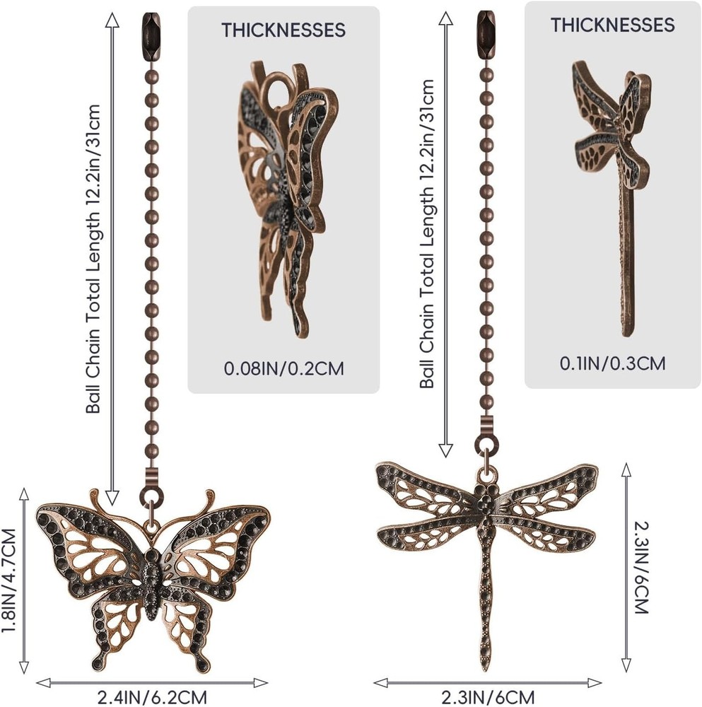 Ceiling Fan Pull Chain, 2 Pack Copper Dragonfly Fan Pull Chain Extension, 12 Inc