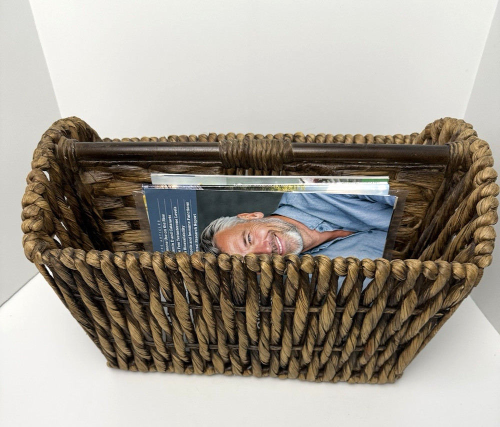 Vintage Wicker Magazine Basket Record Holder Organizer Rectangle Accent Handle