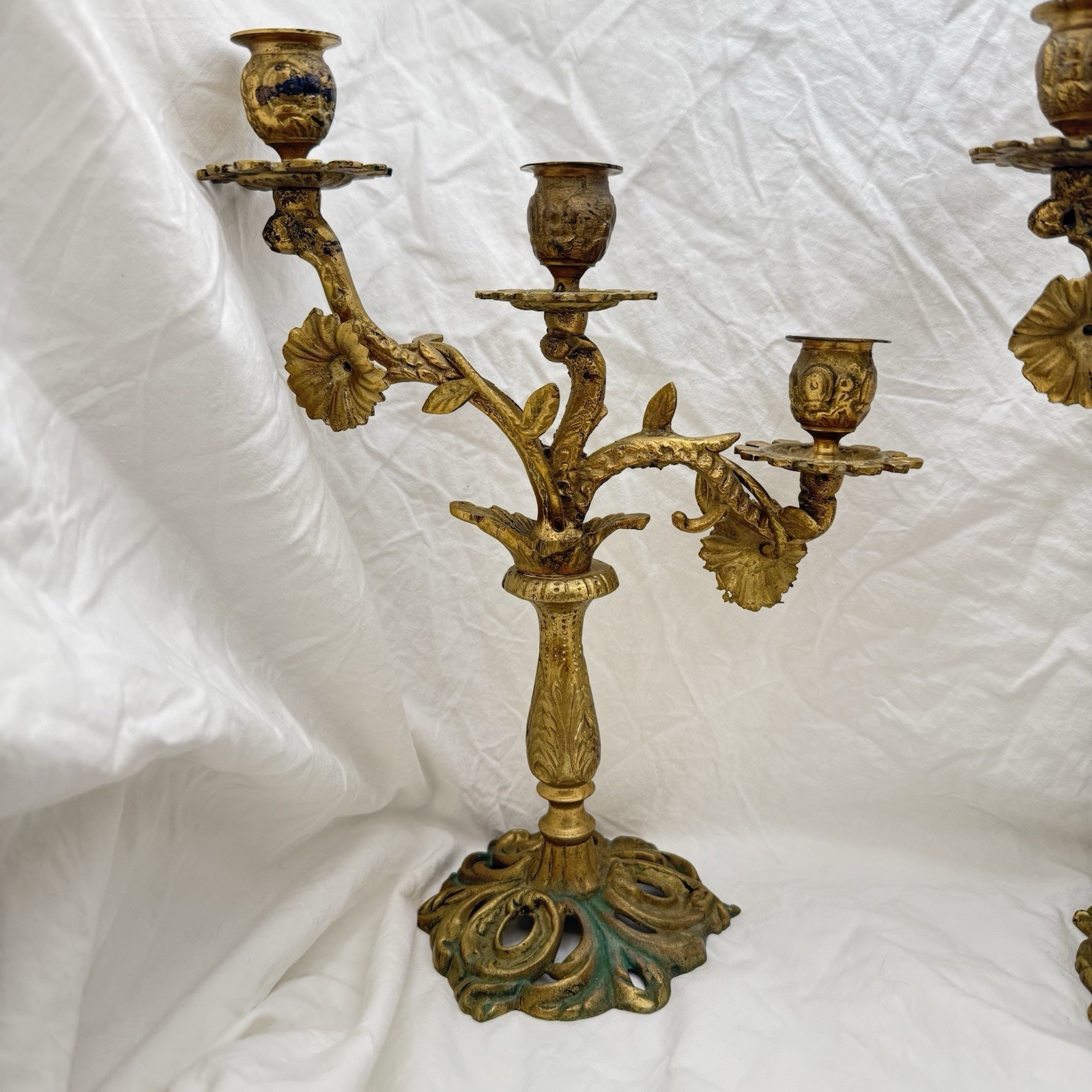 Vtg Triple Candelabra Ornate Floral Heavy Brass Candlesticks Candle Holders Pair