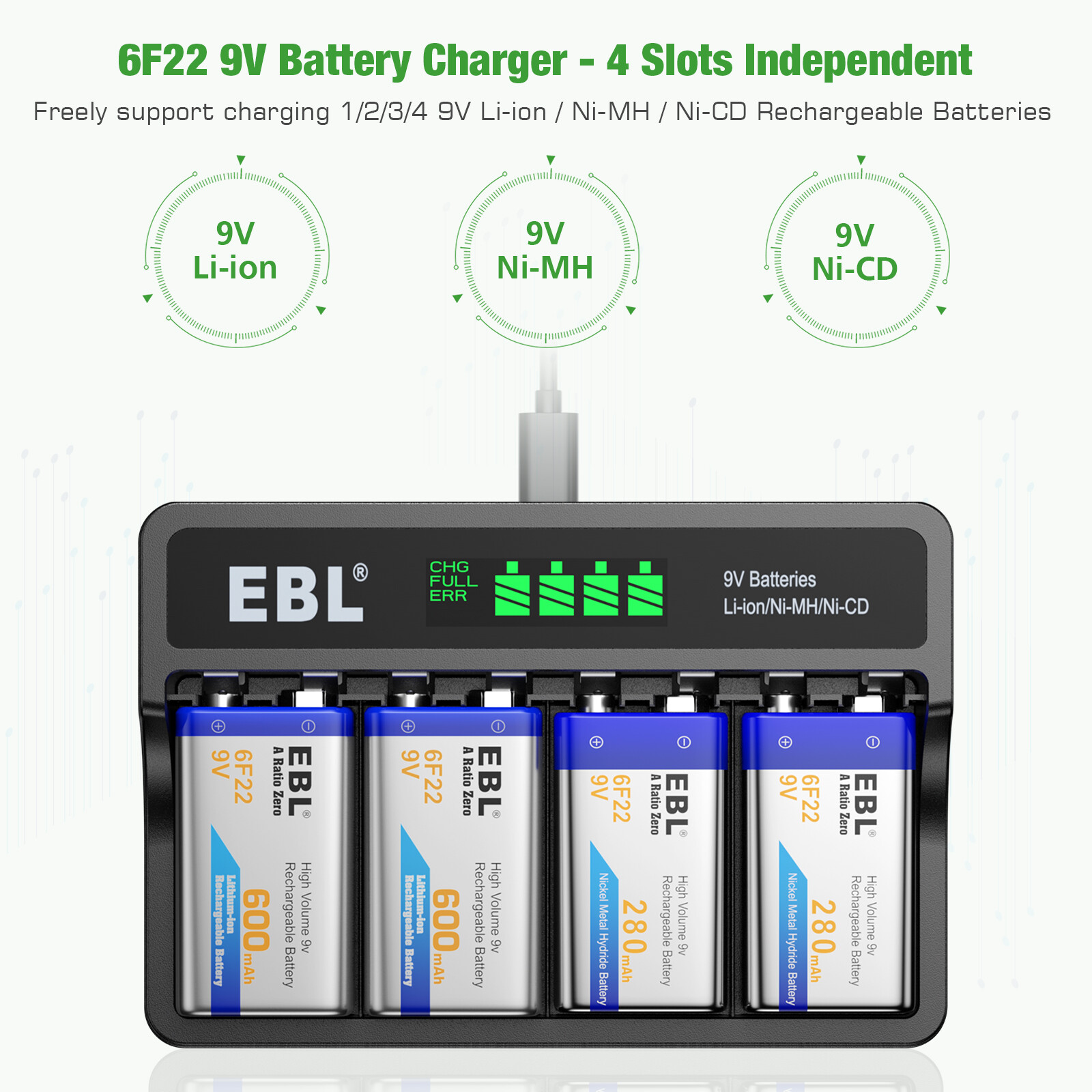 EBL 9 volt Lithium Li-Ion Rechargeable Battery / 9V Ni-MH battery / Charger Lot