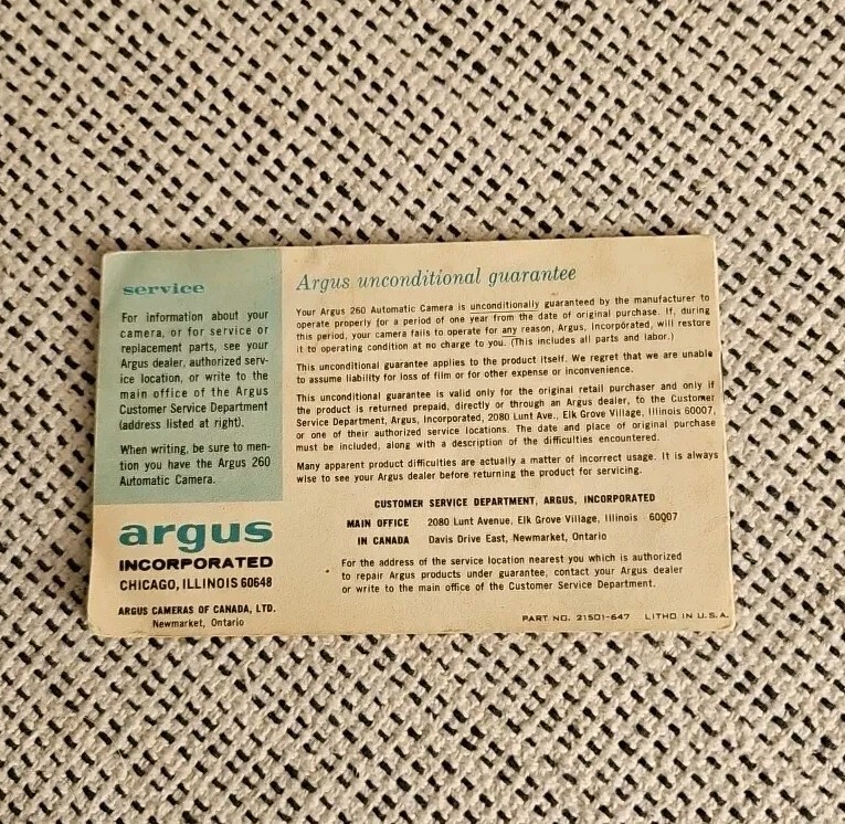 Vintage Argus 260 Automatic Camera Owner Manual Operators Guide