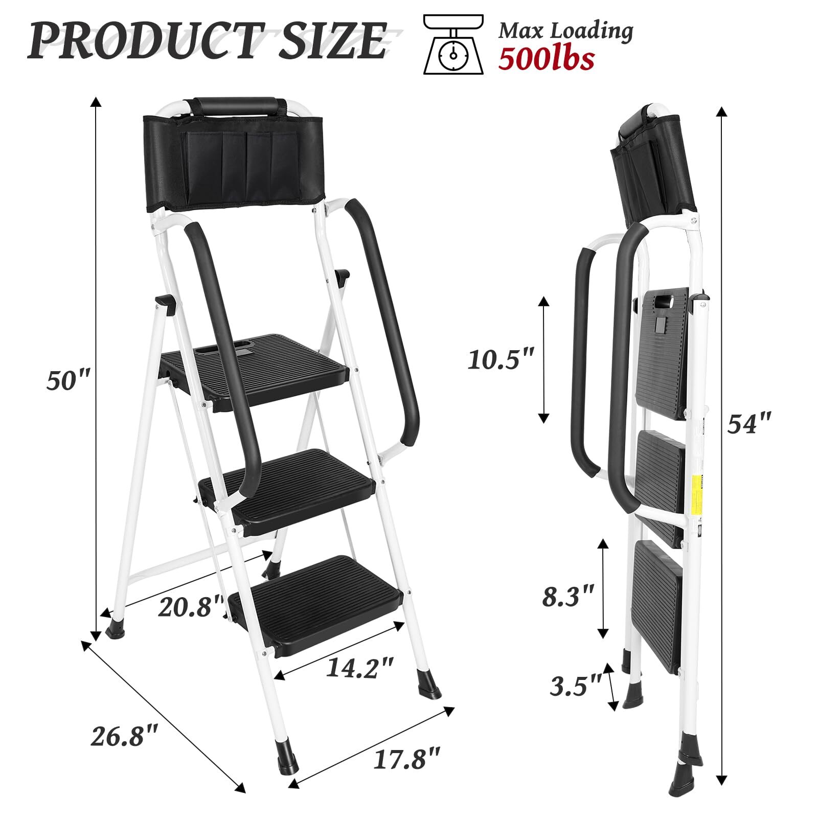 3 Step Non-Slip Stool Ladder with Handrails 500 lbs folding Attachable Tool Bag
