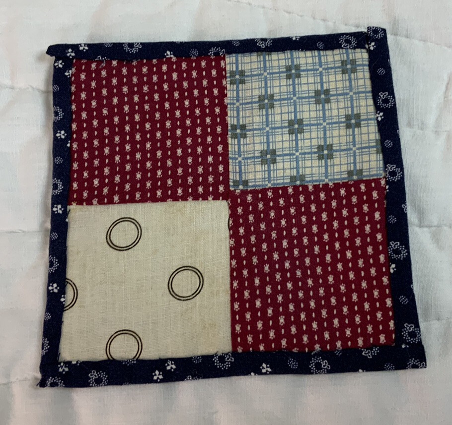 Vintage Patchwork Mini Quilt Table Topper, Four Patch, Blue, Burgundy
