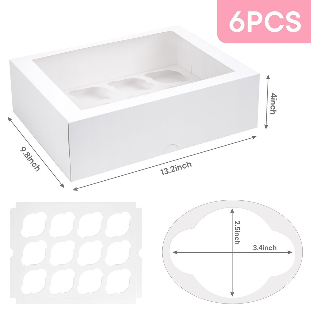 12 Count Cupcake Boxes, 6PCS Cupcake Container with Window Boxes Holding 72 P...