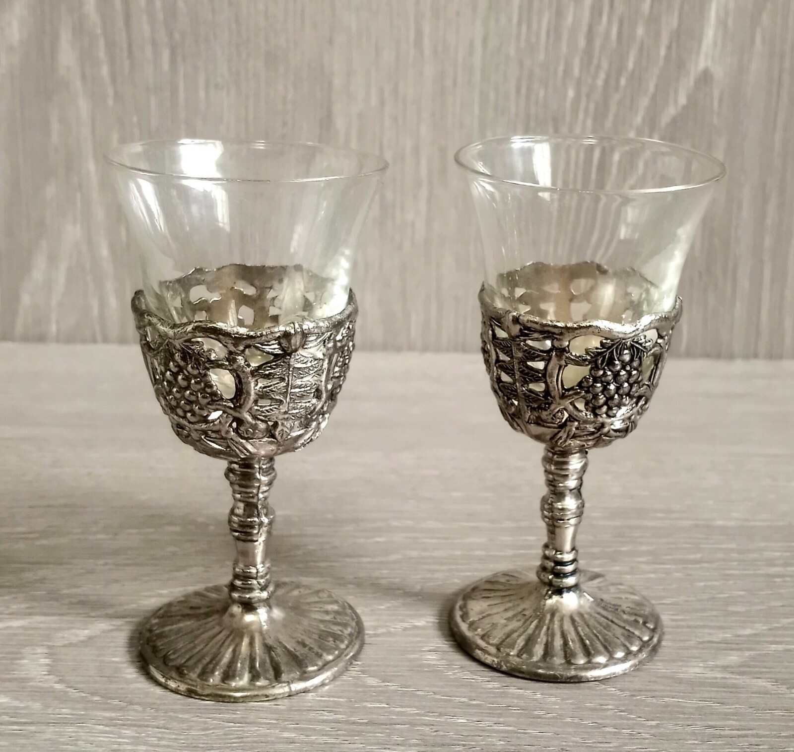 Vintage lot of 2 Price Import Cordial Silver Goblet Egg Cups w Glass Ornate 4"