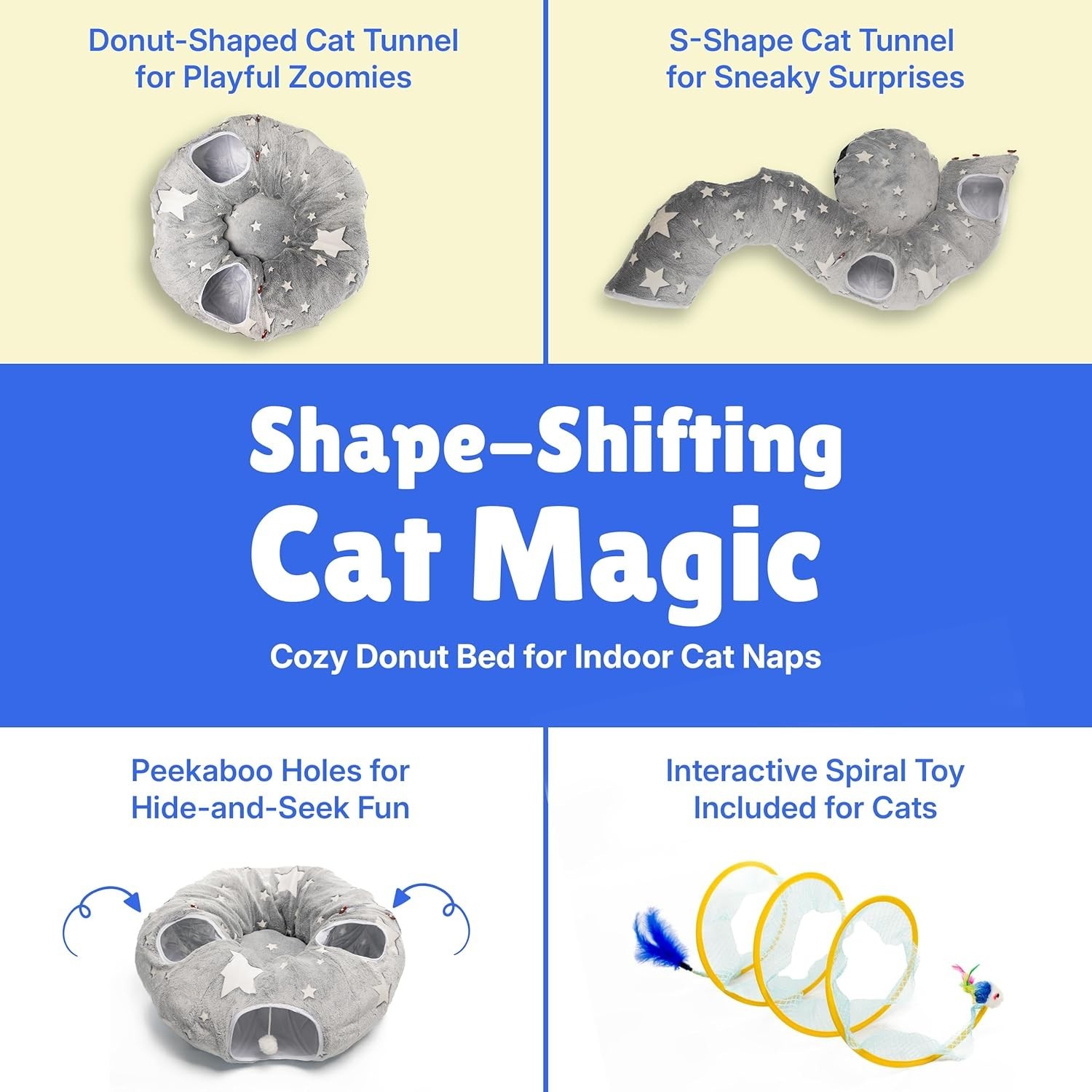 NEW Cat Tunnel Bed Indoor Cats - Plush Interactive Donut Tunnel w/ Dual Peekaboo