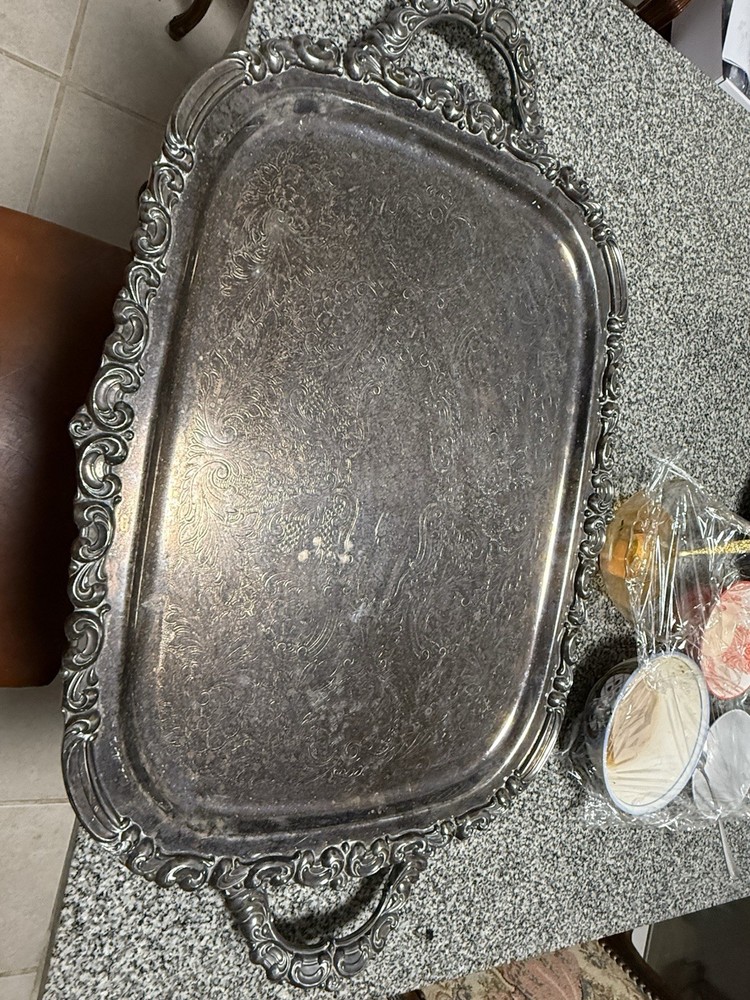 Antique EPNS Silverplate Footed Tray 28.75” Venetian Scroll Pattern