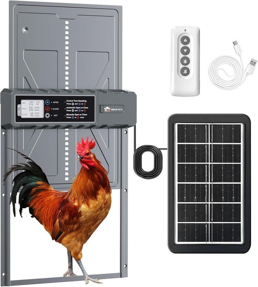 NyPots Automatic Chicken Coop Door Solar Powered LCD Display w/ Timer & Sensor