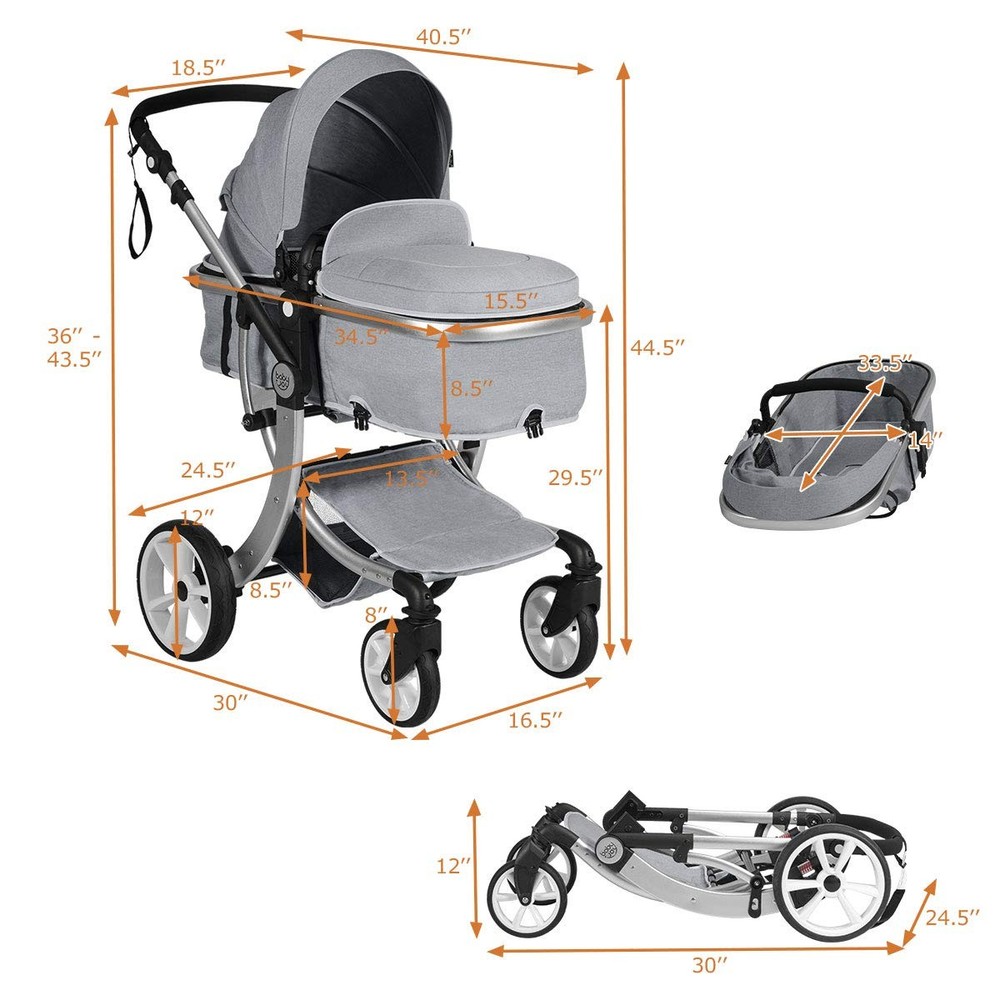 Convertible Baby Stroller with Adjustable Canopy & Storage - Gray