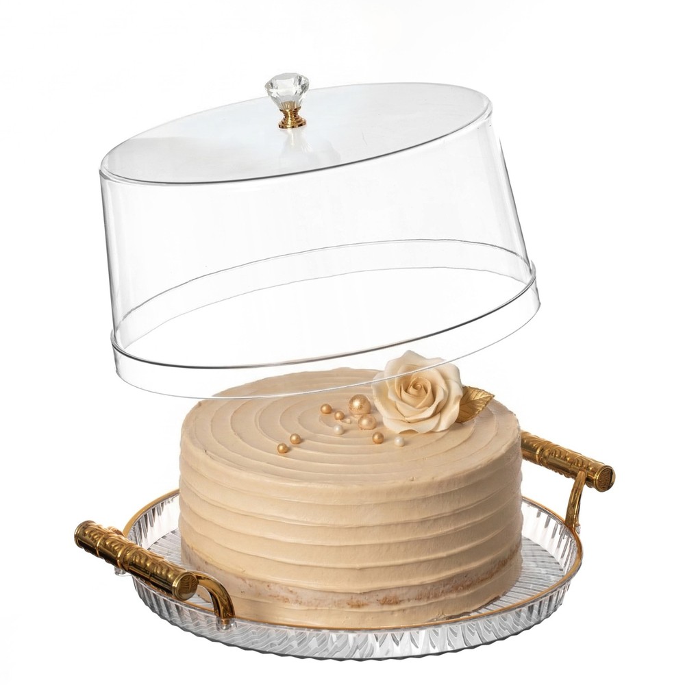 New Basicwise Plastic Cake Stand with Clear Flat-Top Cover and Gold Handles