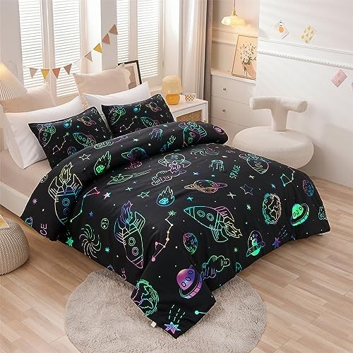 Space Rocket Bedding Set Kid Comforter Set Size Super Soft & Cute Full Black