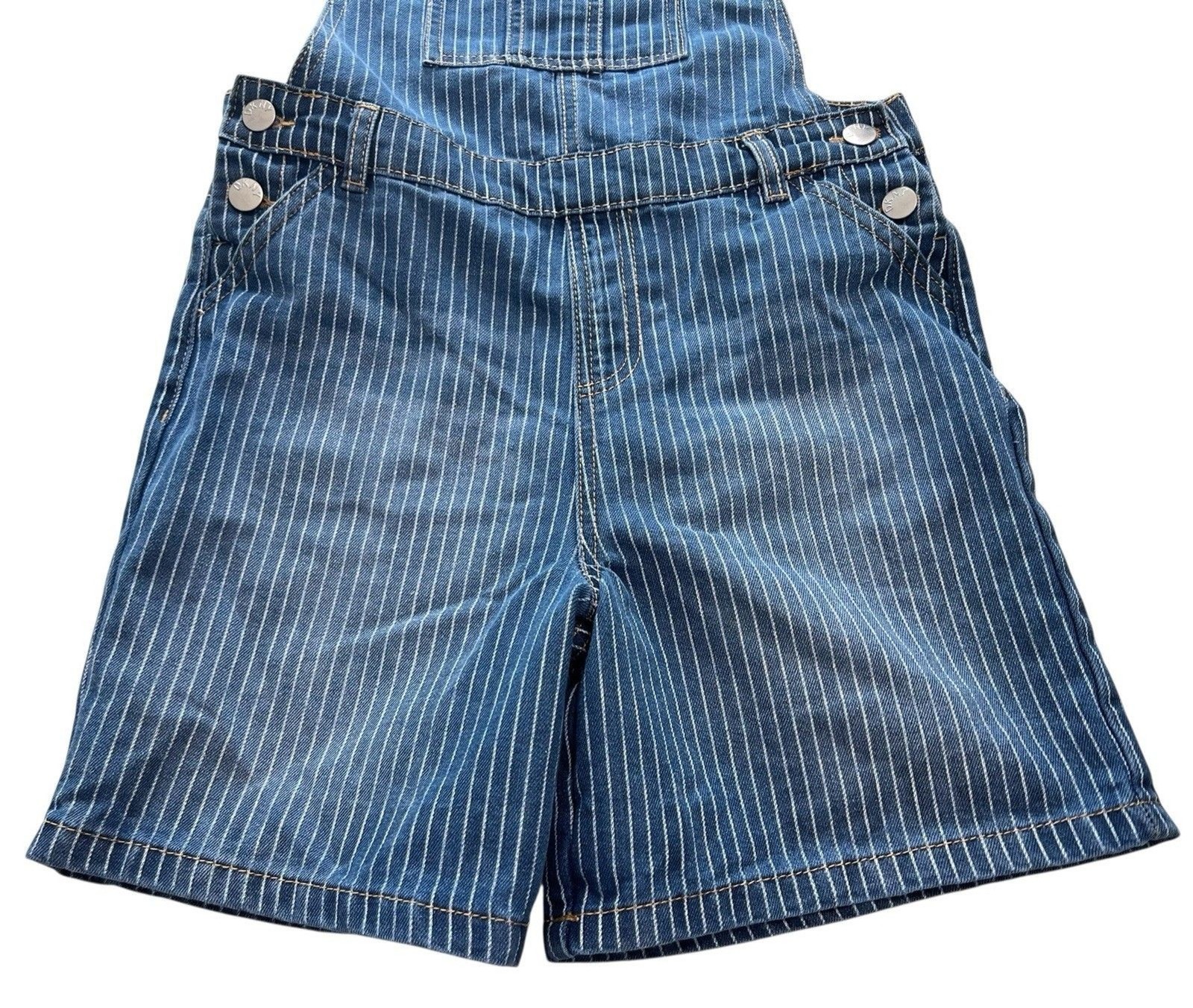 DKNY Girls Overall Shorts Blue White Stripe Adjustable Straps Size 14 Logo
