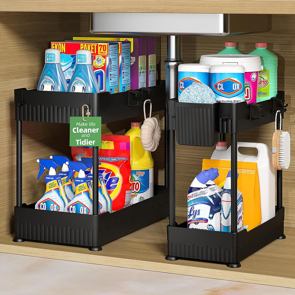 2 Pack Under Sink Organizer Storage Shelf w Hooks Black