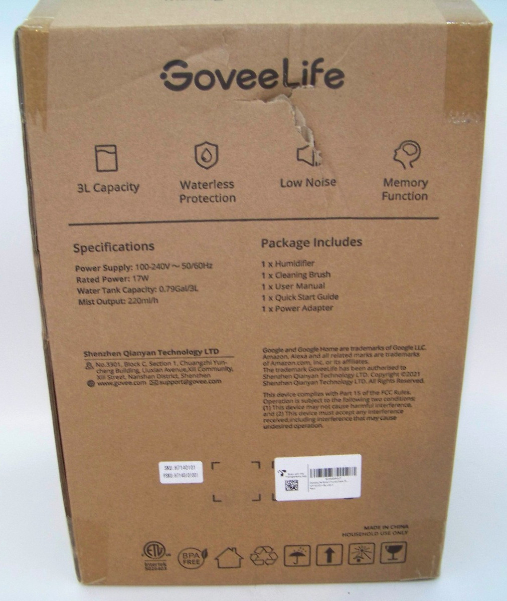 GoveeLife Smart Humidifier 3L Cool Mist , App Control, Aromatherapy, Night Light