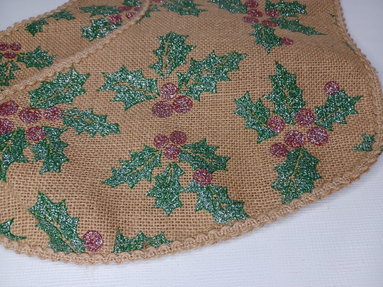 Burlap Christmas Tree Stocking Set Of Two Stockings Glitter Holly Berries Leaves