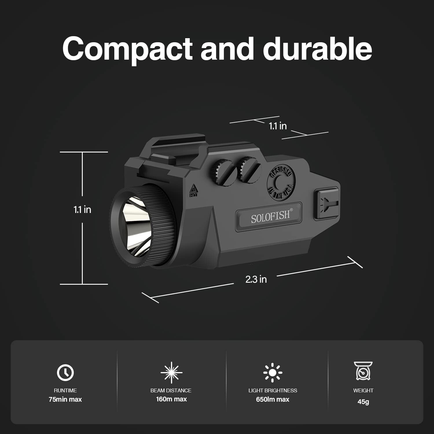 SOLOFISH 650 Lumen Rechargeable Tactical Flashlight for Pistol Handgun Picatinny