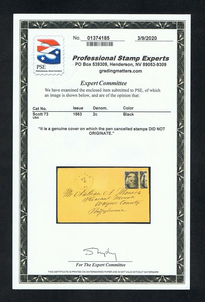 GENUINE SCOTT #73 VERTICAL BISECT ON COVER PSE CERT - QUESTIONABLE USAGE