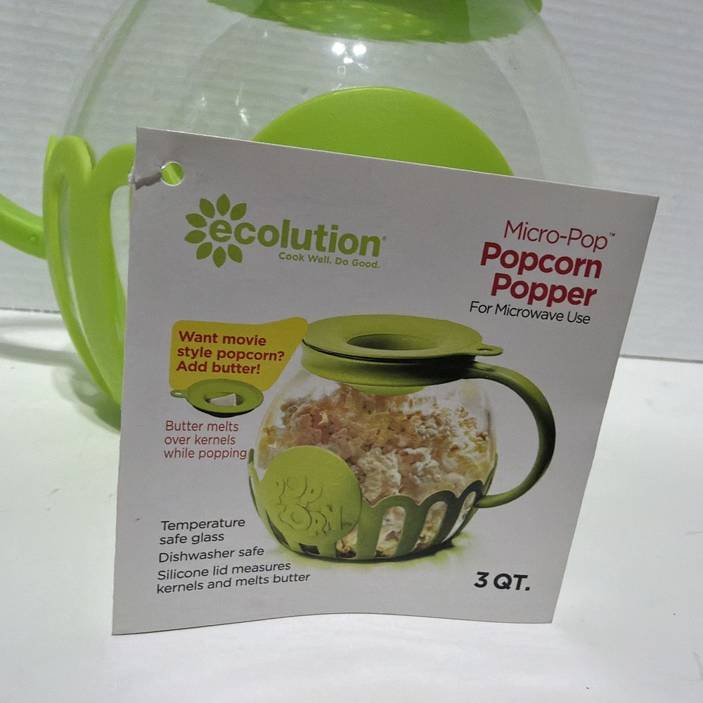 Ecolution Micro-Pop Microwave Popcorn Maker 3 QT Green Glass Silicone
