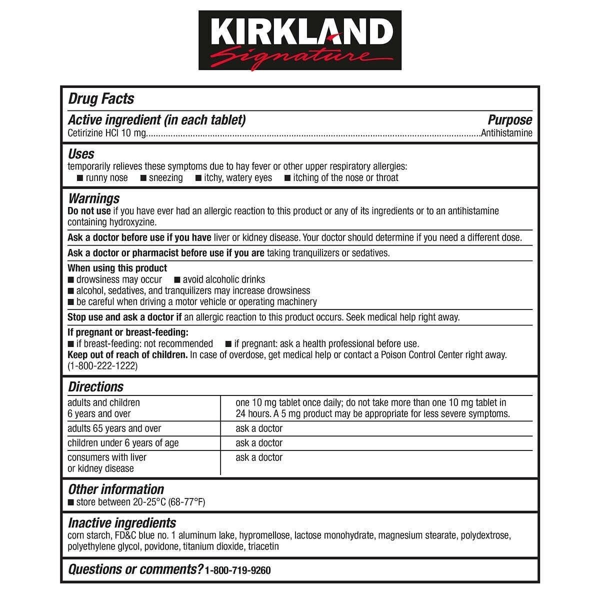 Kirkland Allergy Aller-Tec Cetirizine 10mg Antihistamine 365ct Compare 2 Zyrtec
