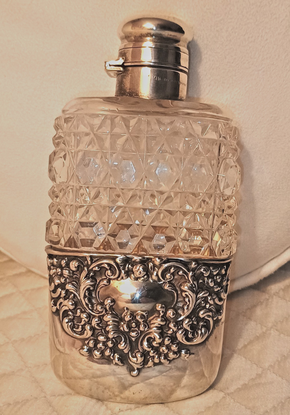 Vintage Crystal Flask w/ Sterling Silver Cup w 3D Repousse  & Bayonet Mount Cup