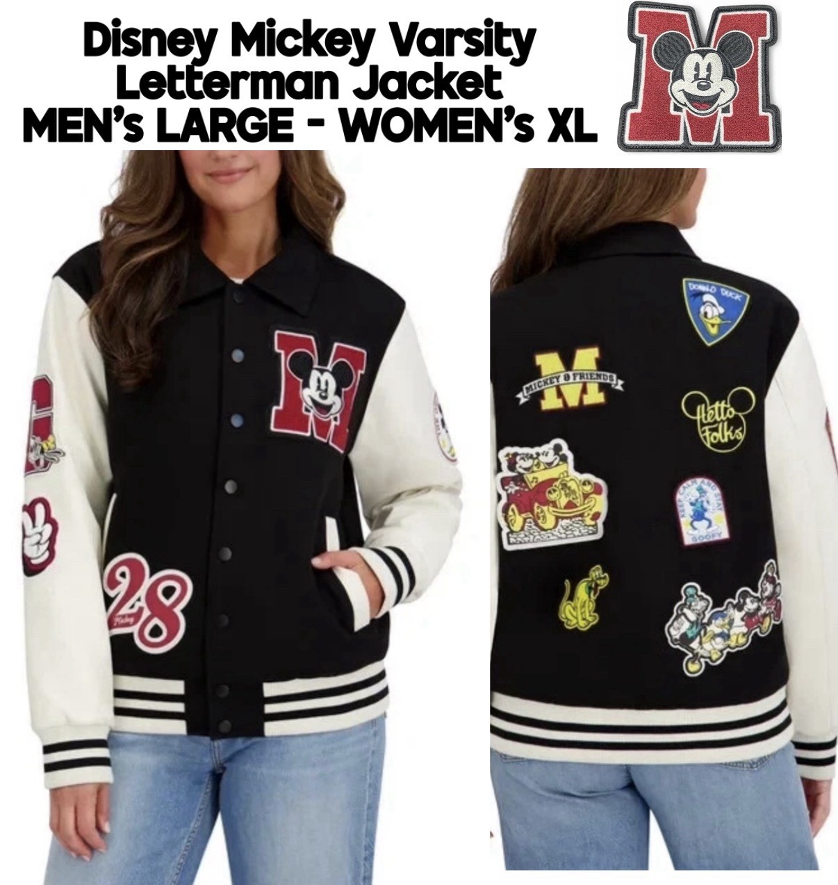 DISNEY VARSITY LETTERMAN JACKET Mickey Mouse Unisex Men’s Large Women’s XL Black