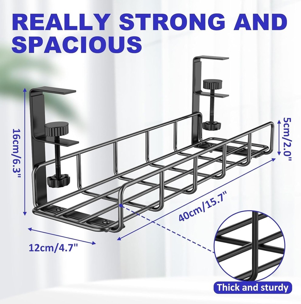 Adjustable 15.7” Wire Management Tray with Clamps - Declutter Your Workspace