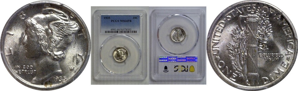 1935 10C Mercury Dime Silver PCGS MS 64 FB