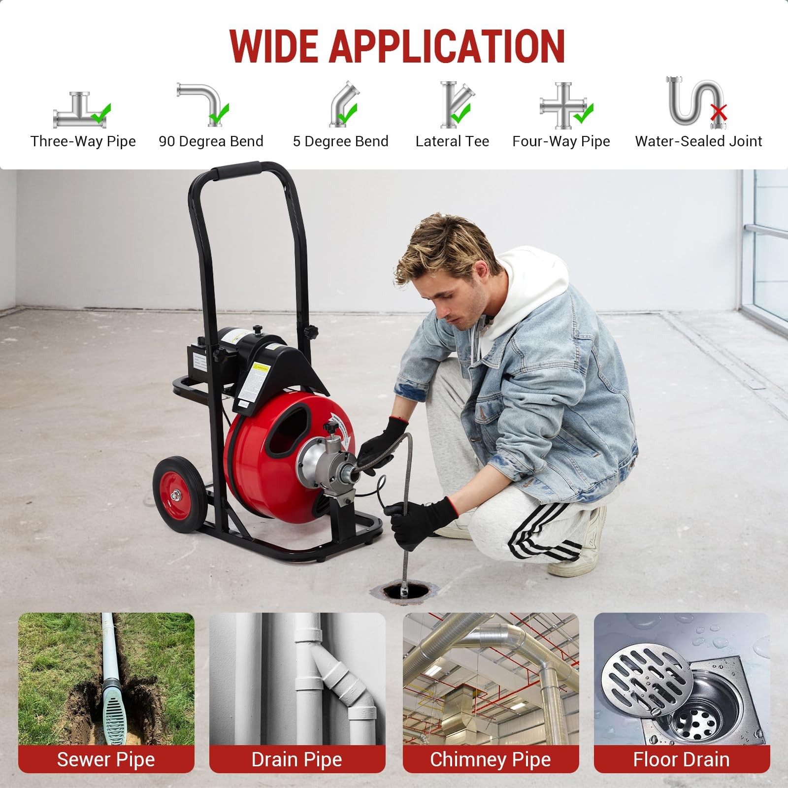 75FT x 1/2" Cable Electric Drain Cleaner Machine 250W Motor 8 Multi-Style Cutter