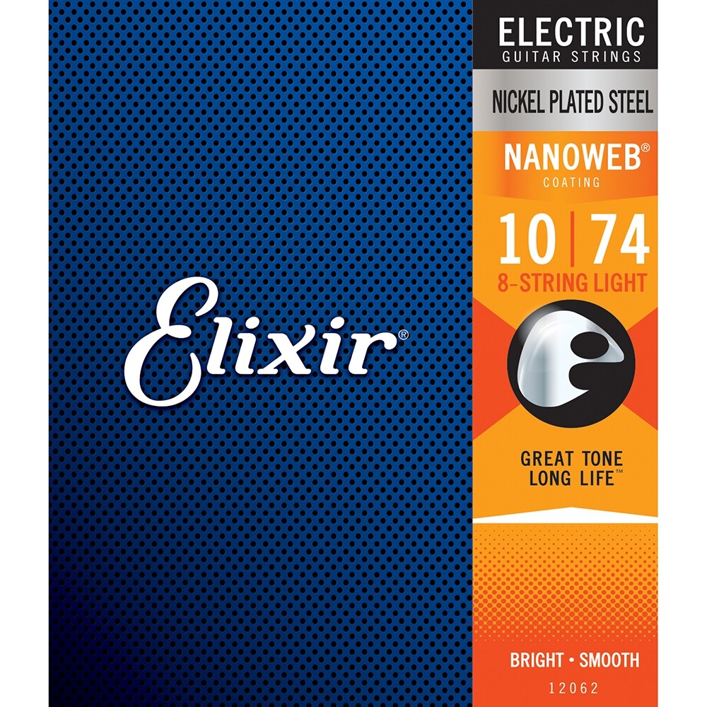 Elixir 12062 Nanoweb Coating NPS Electric Guitar Strings, 8-String Light (10-74)