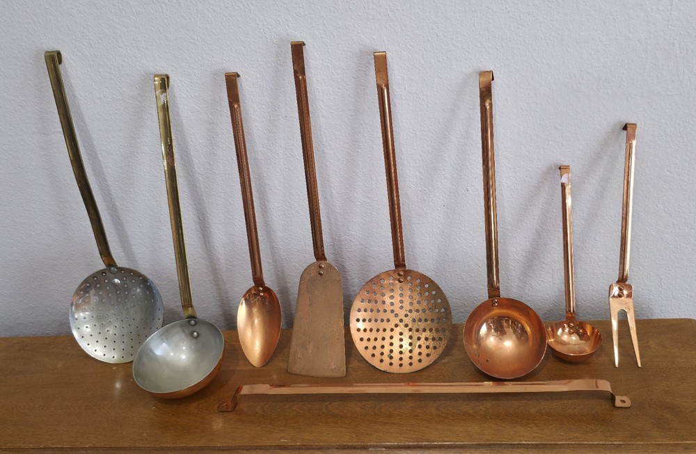 Vintage Solid Copper Utensil Set 9 Pc w Rack Ladle Spoon Skimmer Fork