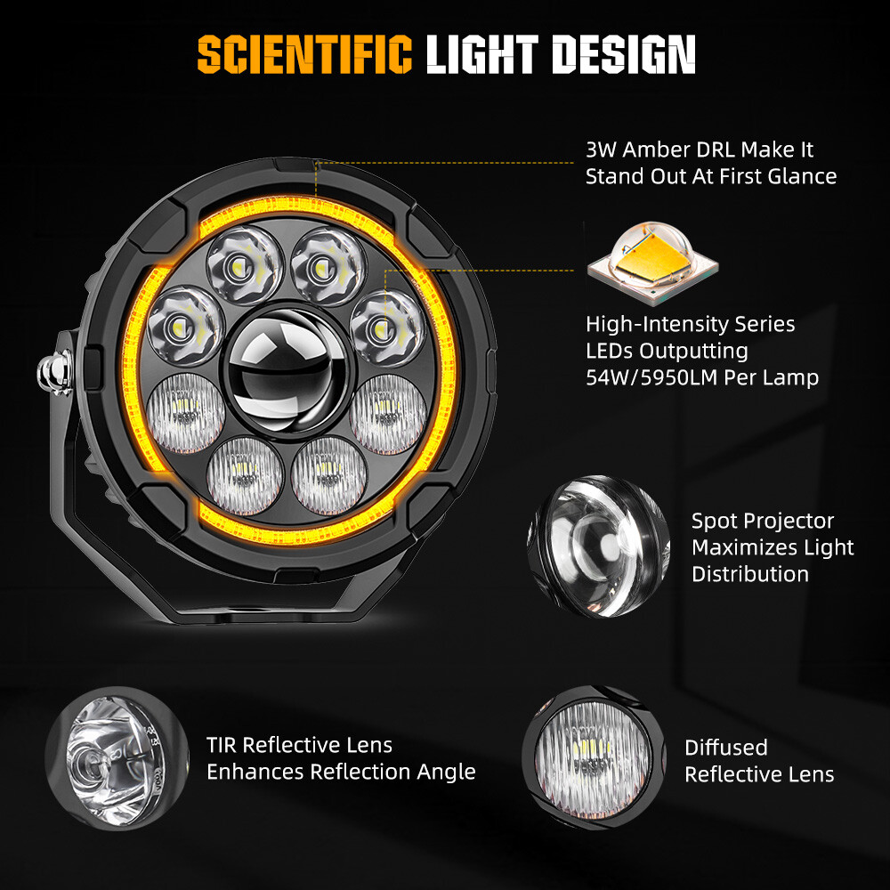 Pair Motorcycle 4.5" LED Headlight Amber White Auxiliary Spot Lights Driving Fog