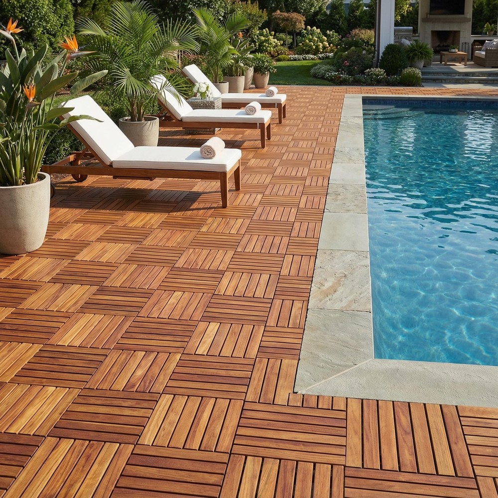 Bare Decor EZ-Floor Interlocking Flooring Tiles in Solid Teak Wood Oiled Fin...