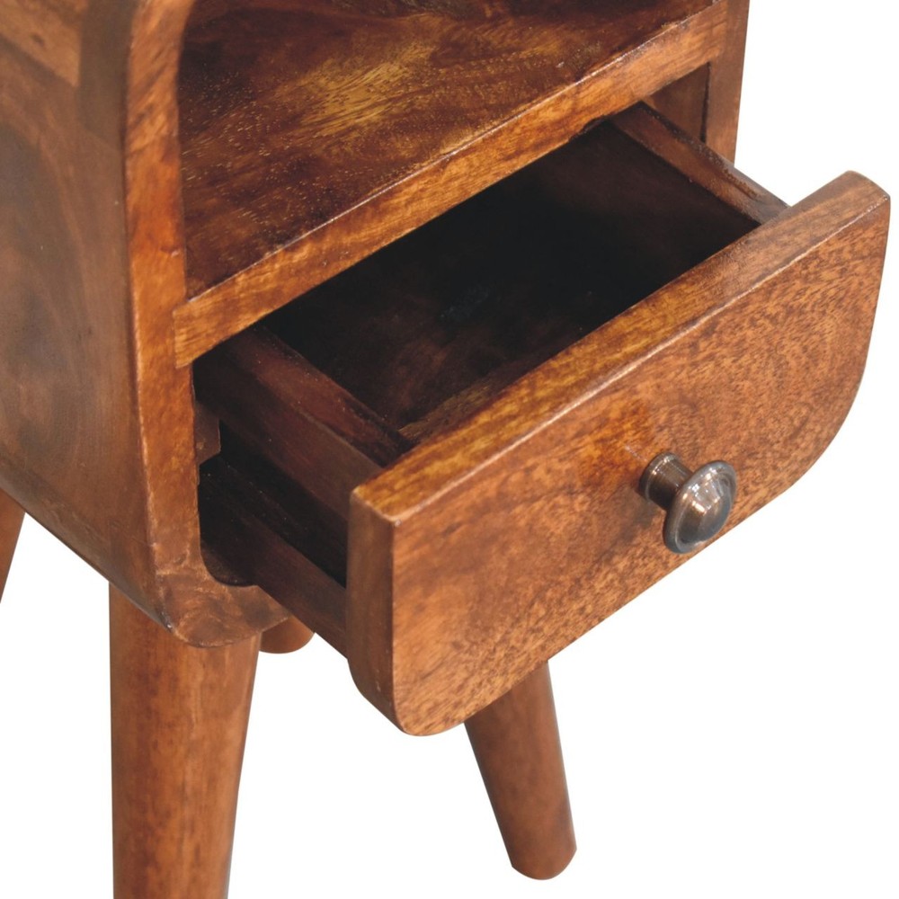Solid Wood Extra Mini Curve Bedside, 1-Drawer, 1 Open-Slot, Chestnut, Brown