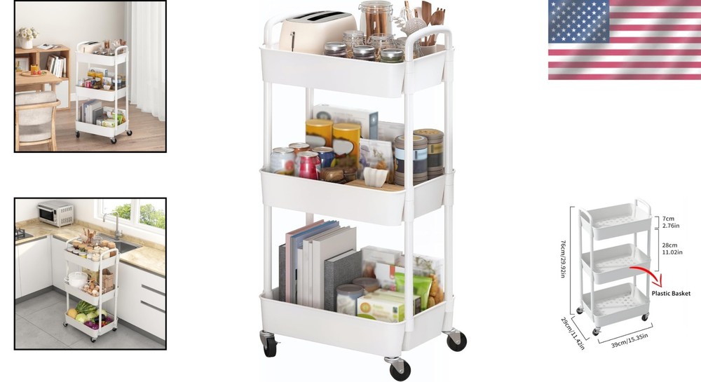 White 3-Tier Rolling Utility Cart - Easy Assembly