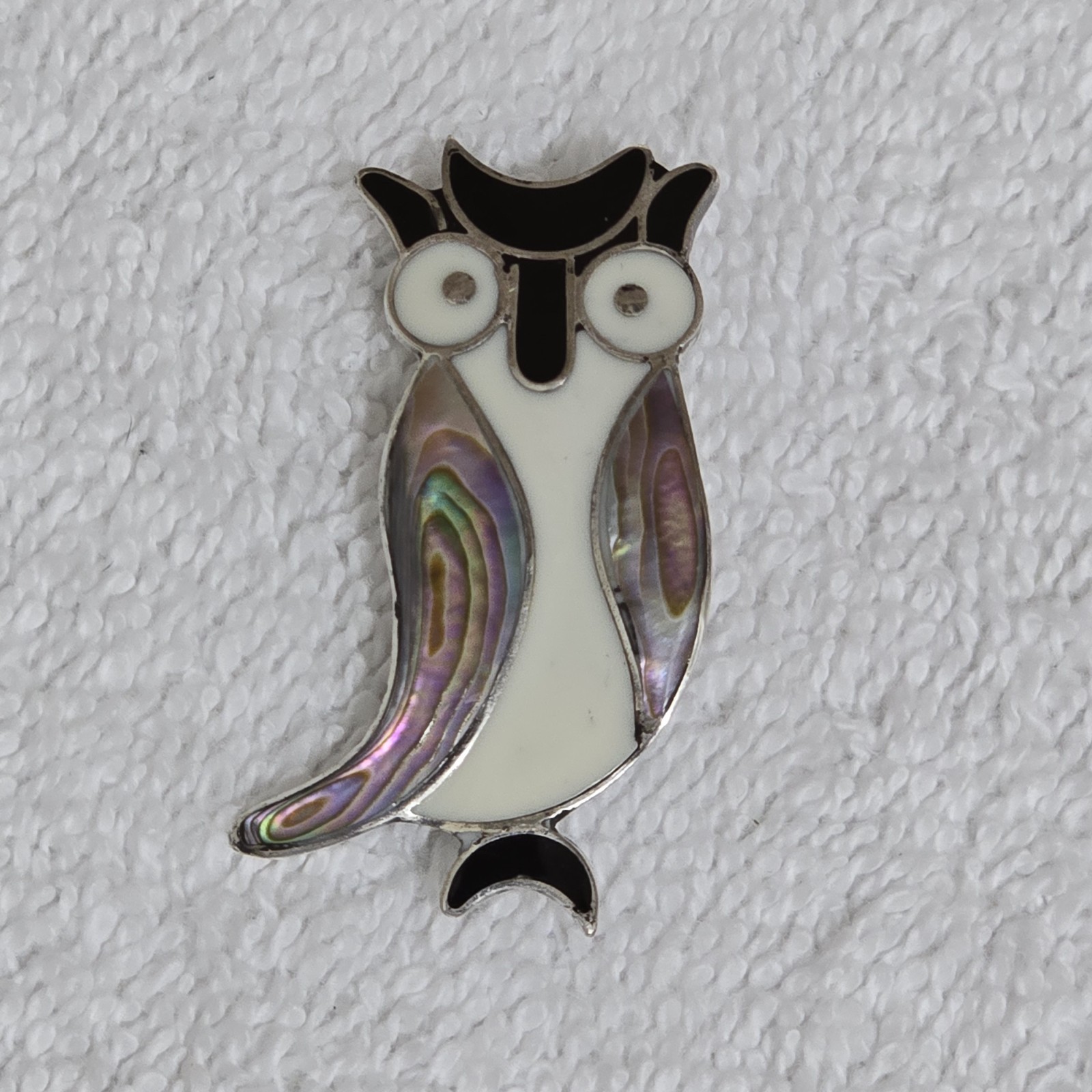 Vintage Brooch Pin Alpaca Mexico Abalone Shell Owl .75" x 1.5"