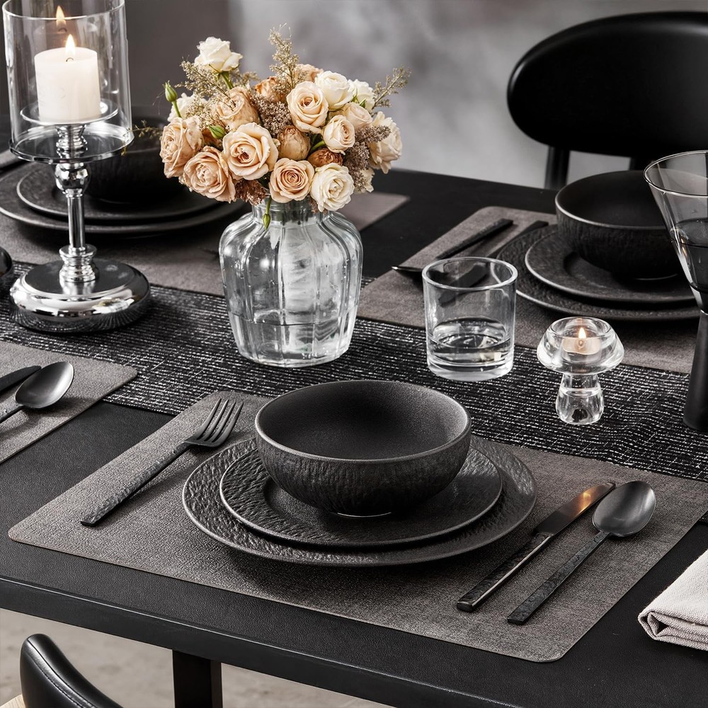 KINGSTONE Black Dinnerware Sets, 12-Piece Matte Marble Pattern Premium Porcelain