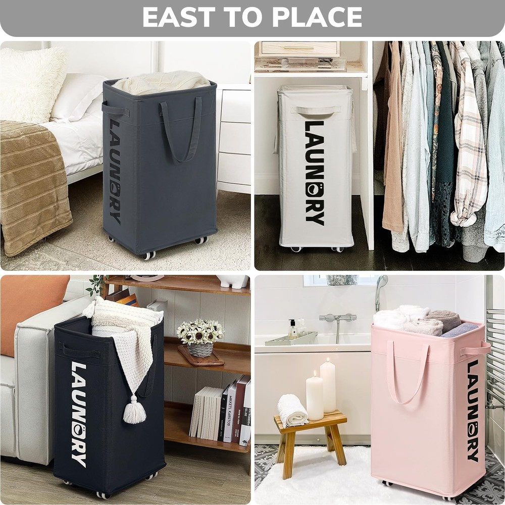 Goodpick Laundry Basket with Wheels, Hamper 75L, Grey 1-Pack