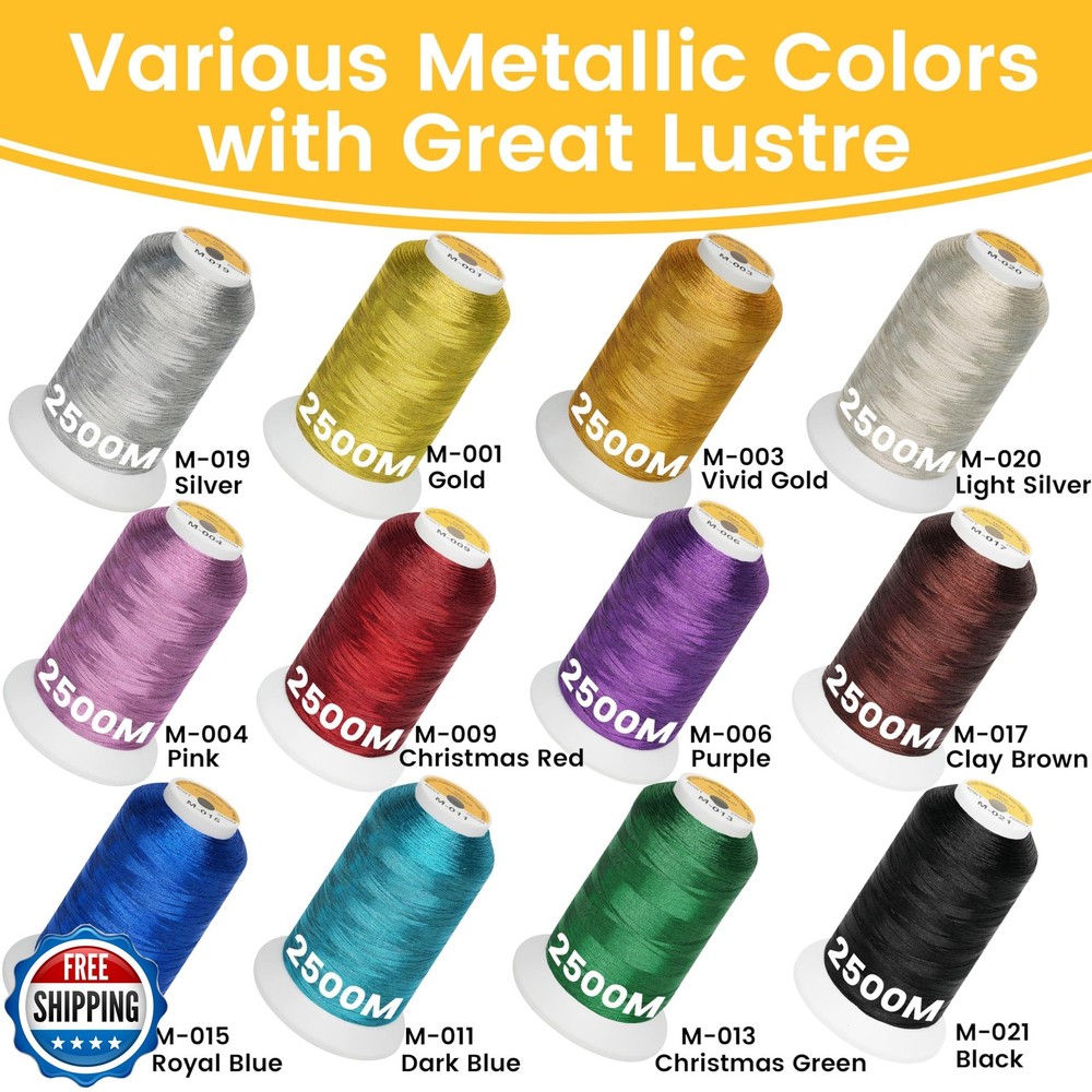 New brothread 12 Assorted Colors Metallic Embroidery Machine Thread Kit 2500M