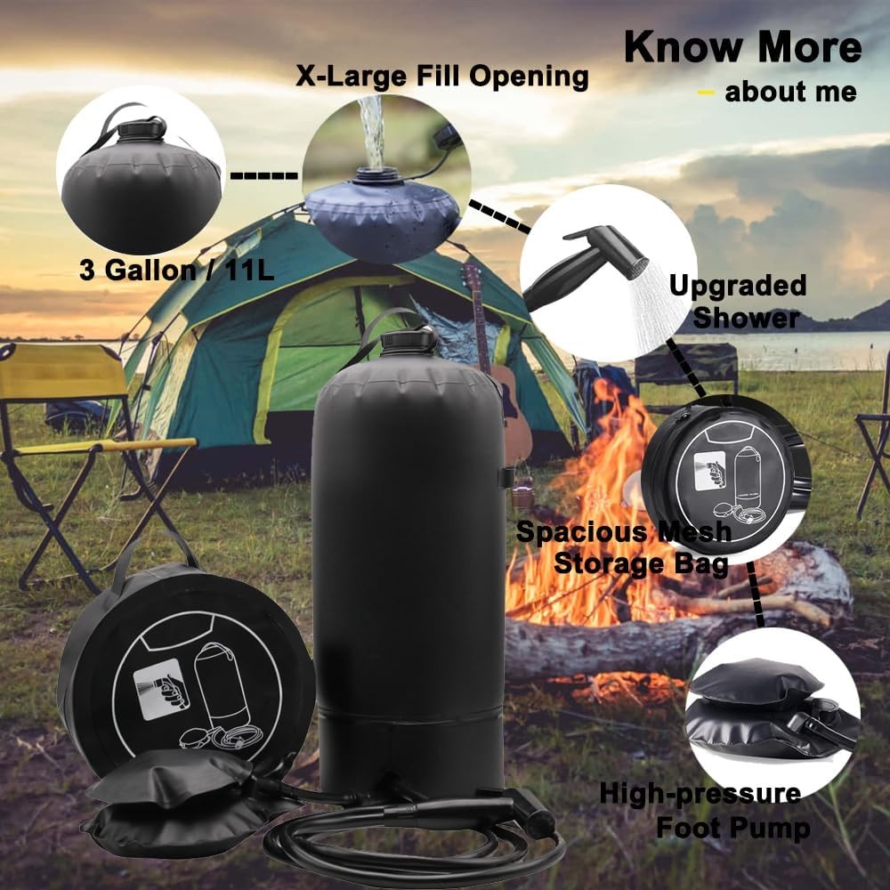 Portable Shower for Camping Outdoor, 3 Gallons Camping Shower Bag with Foot Pump