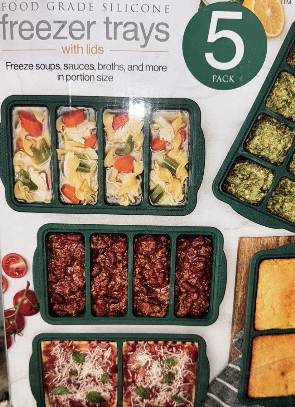 Food Grade Silicone Freezer Trays Green 5 Pack +Lids-Great For Meal Prep/Storage