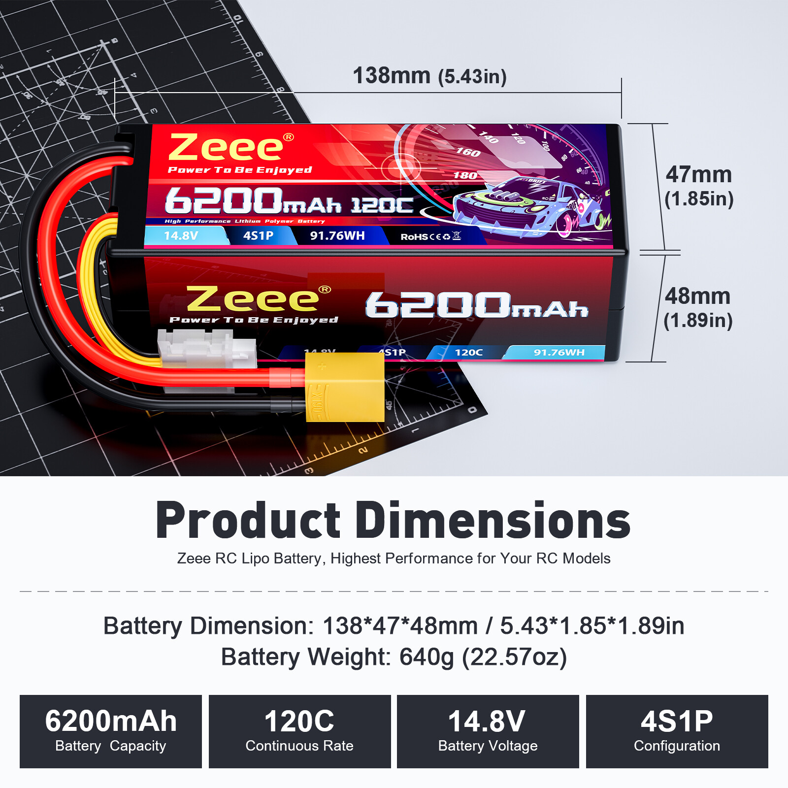 2x Zeee 4S Lipo Battery 6200mAh 14.8V 120C XT90 Plug for RC Car Truck Tank Buggy