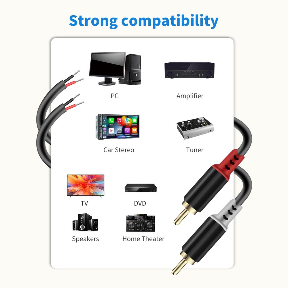 RCA to Speaker Wire Adapter, 2 Bare Cables Plug 6.6FT, Black