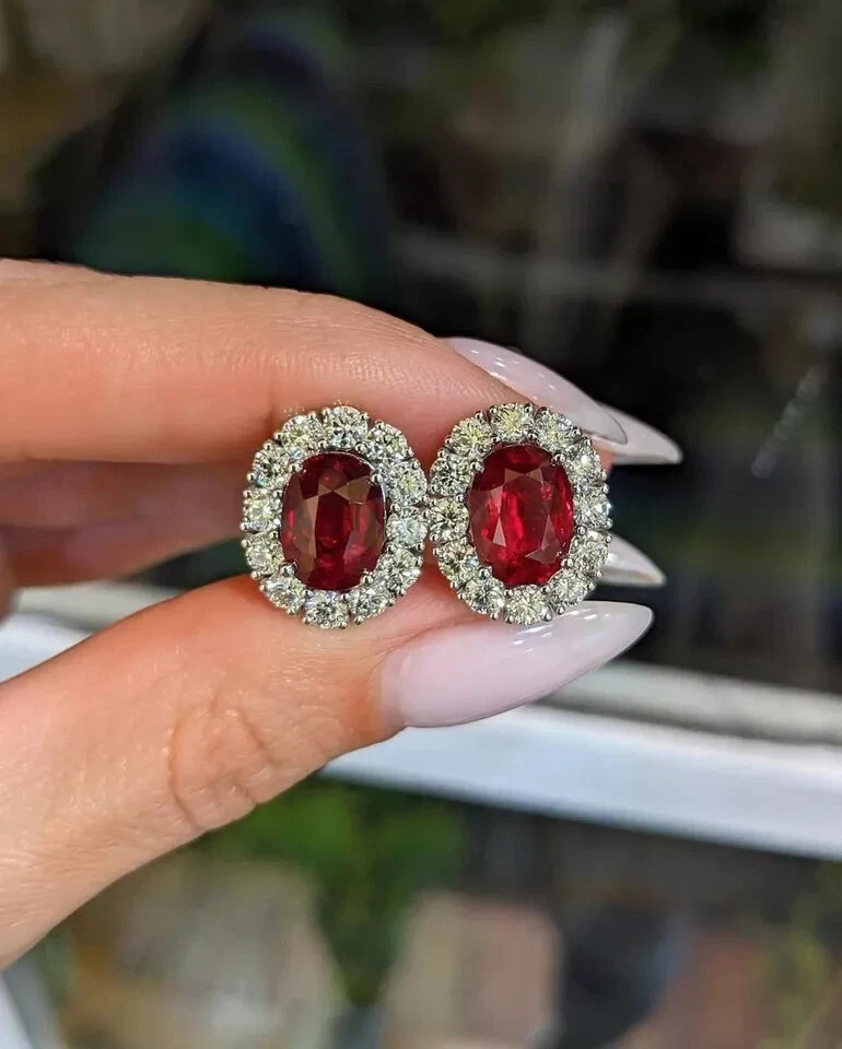 Oval Cut 6.40 Ct Natural Ruby Diamond Lovely Earring Stud 14K Solid White Gold