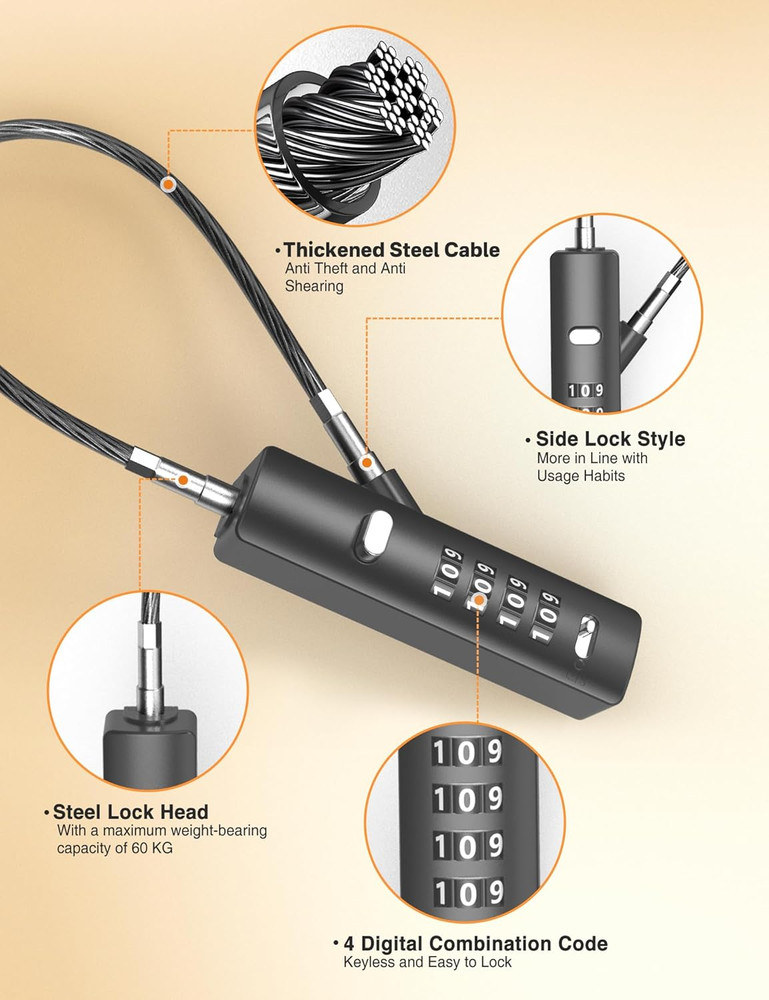 4-Digit Combination Cable Lock with 3 Steel Cables for Secure Protection