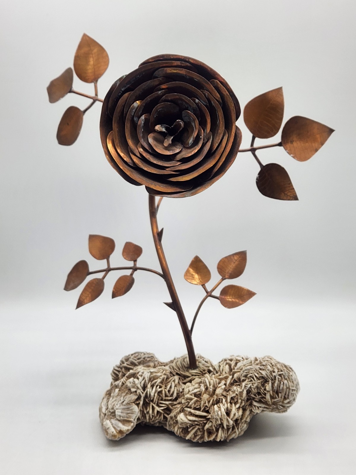 Copper Rose Sculpture w/Desert Sand Rose Crystal ~ 13" H x 10" L x9" W