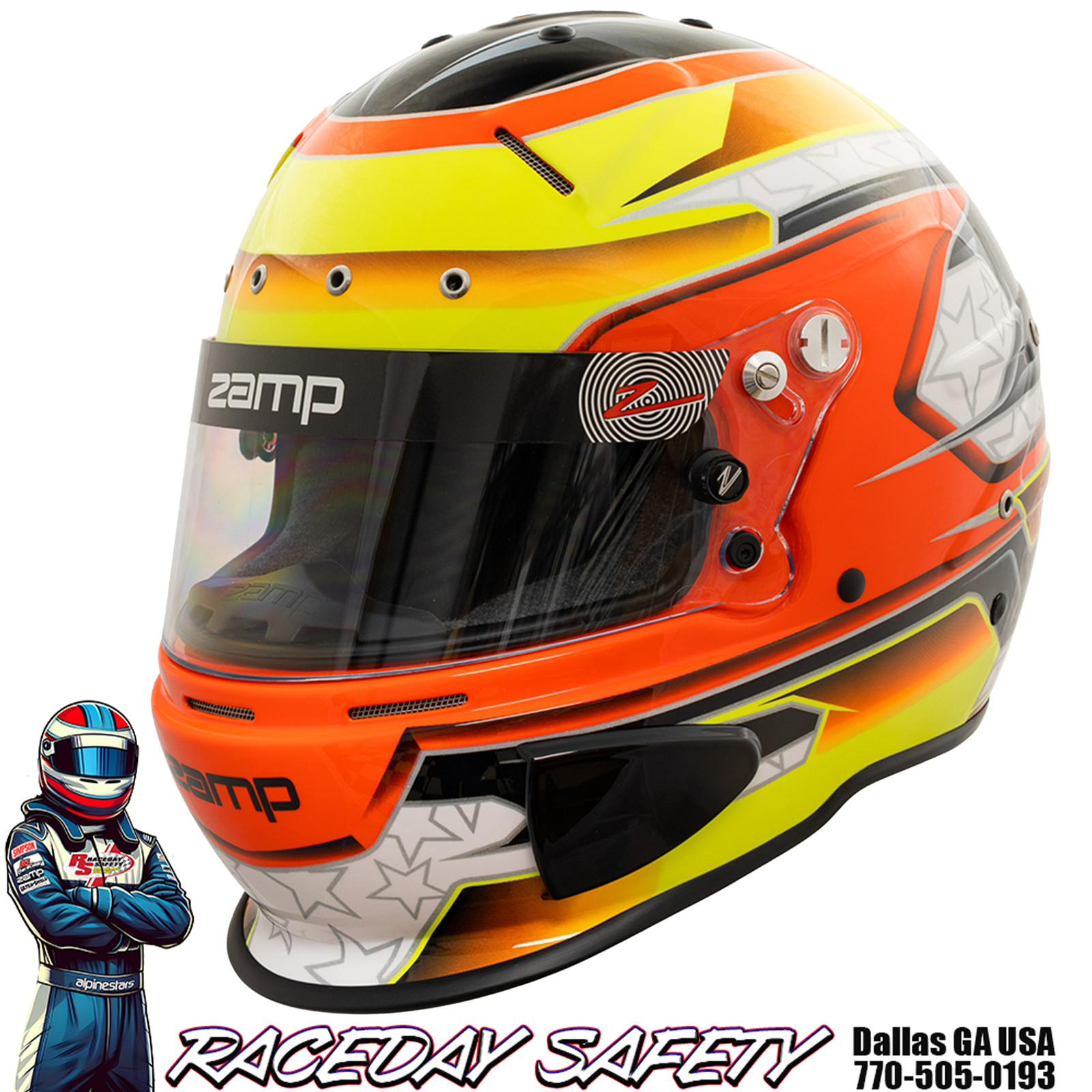 Zamp RZ-70E Switch Race Helmet Orange/Yellow Snell SA2020/ FIA 8859-2015 X-Small