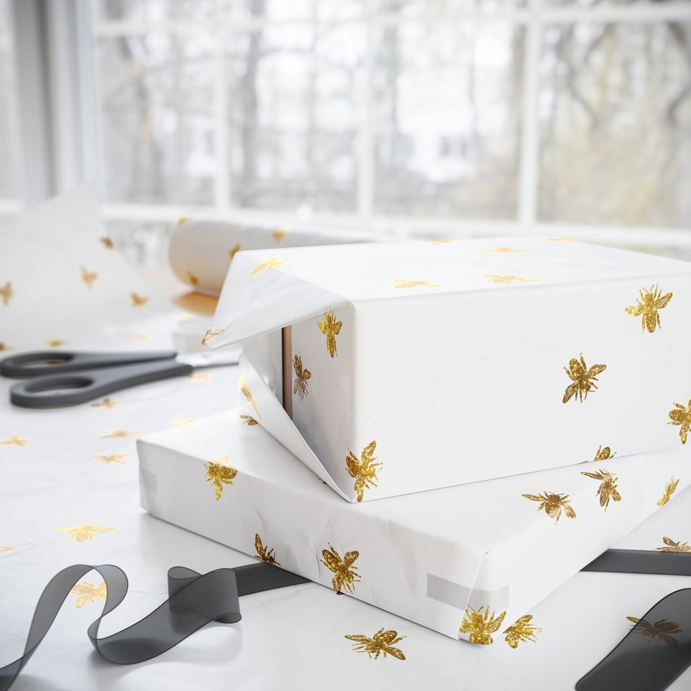White With Gold Bee Pattern Wrapping Papers