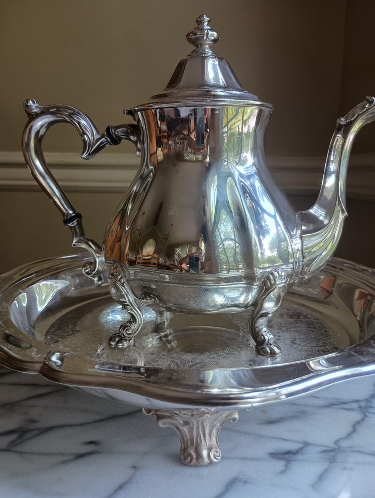 Ornate Silver plated Tea Set with tall Leonard Footed Tray