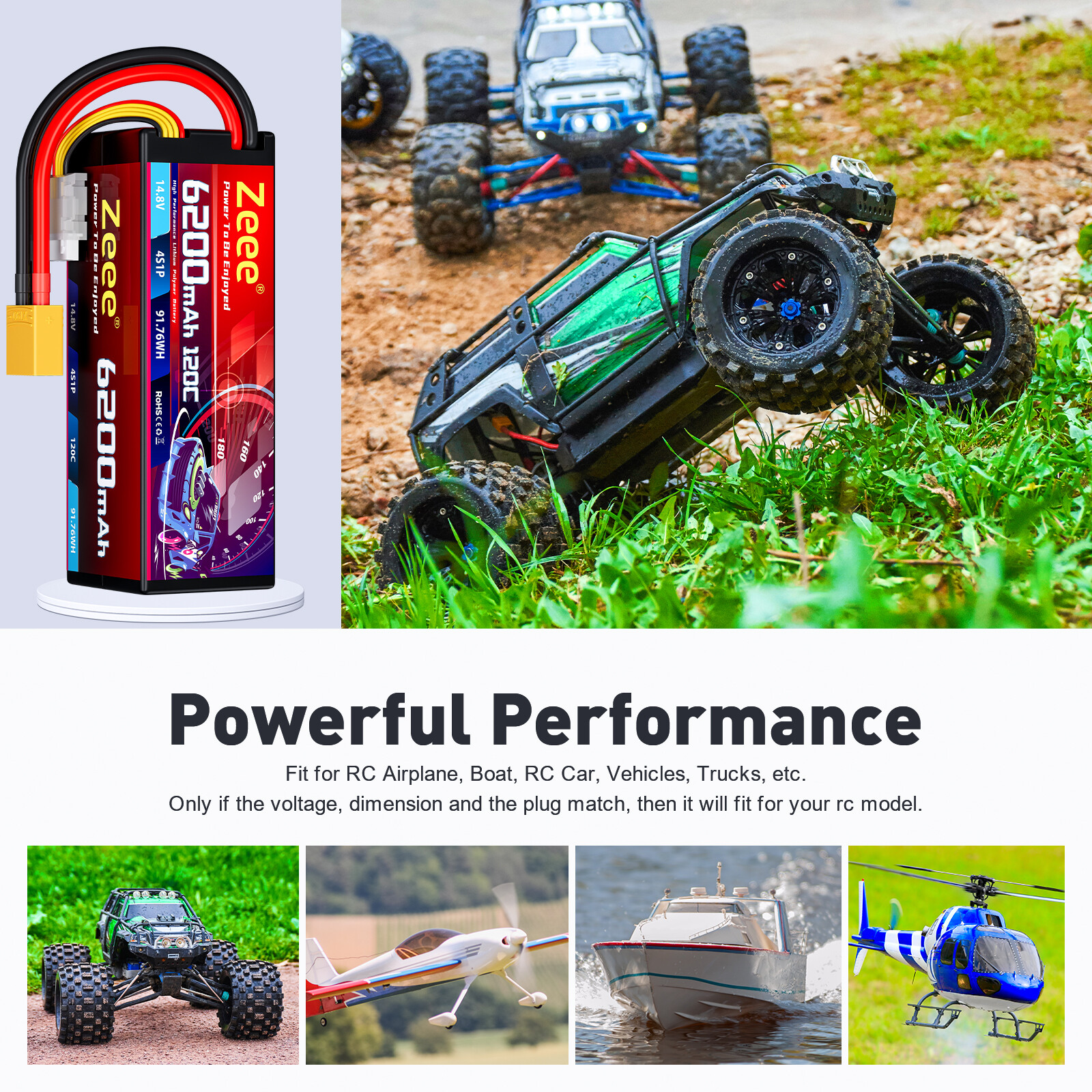 2x Zeee 4S Lipo Battery 6200mAh 14.8V 120C XT90 Plug for RC Car Truck Tank Buggy